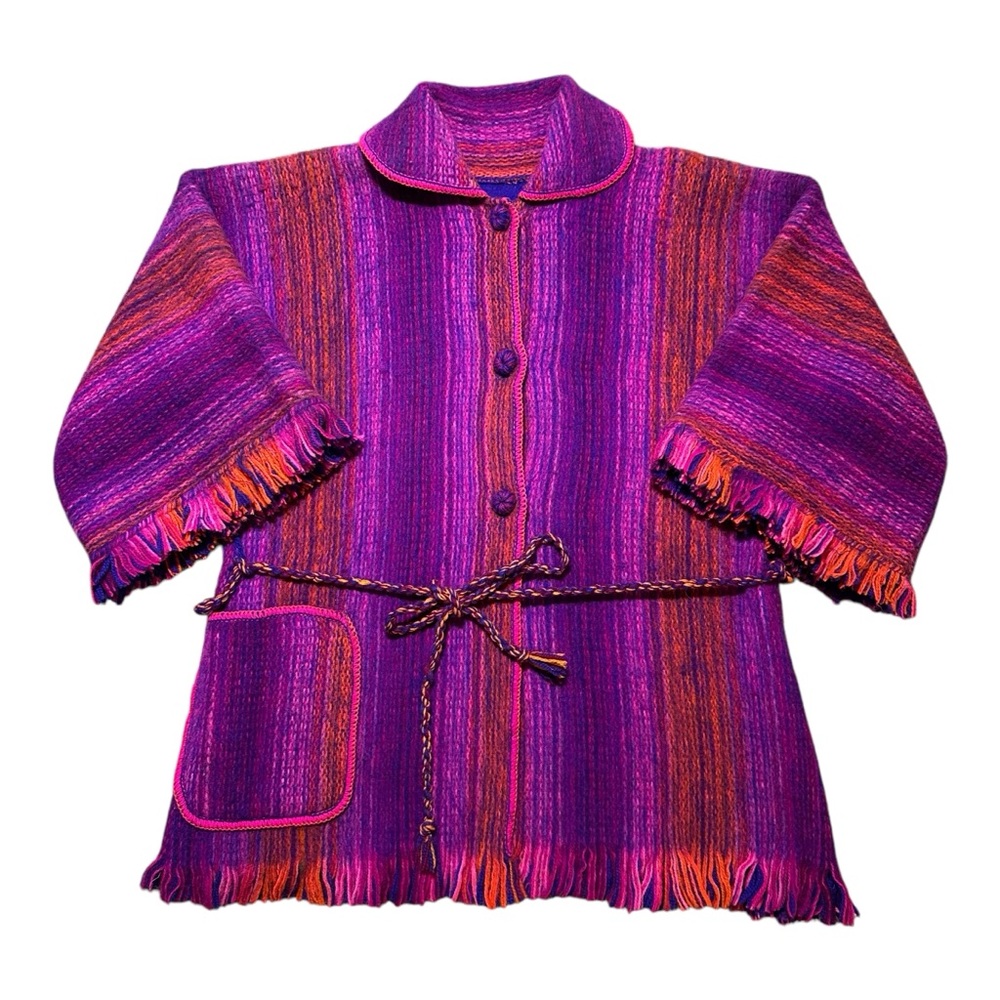 Eclectic Purple Pink Space Dye Yarn Fringe Boho Chic Hippie Thick Button Coat